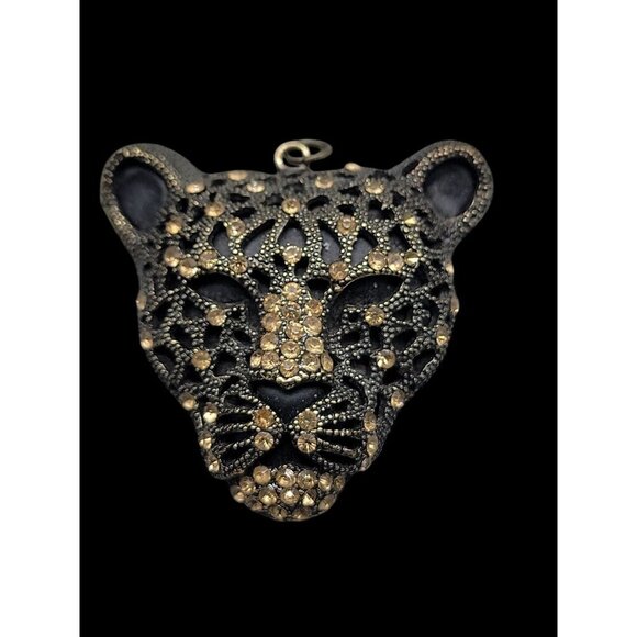 Leopard Panther Pendant Black Metal Gold Tone Texture & Rhinestones Stunning - Picture 11 of 13